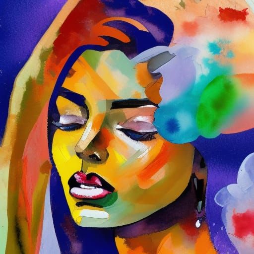 Stunning Woman with Cracking Paint in Gouache Style