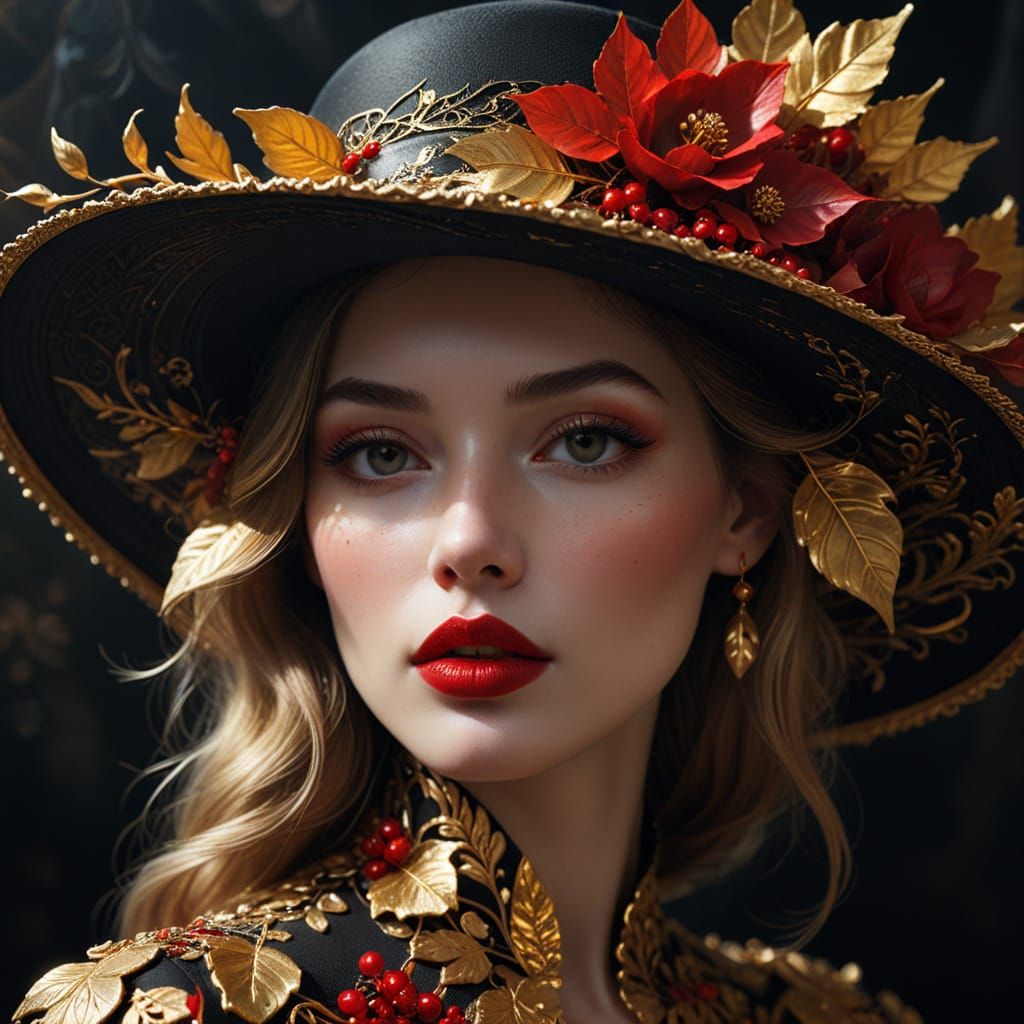 Mysterious Woman with Golden Botanicals and Red Lips