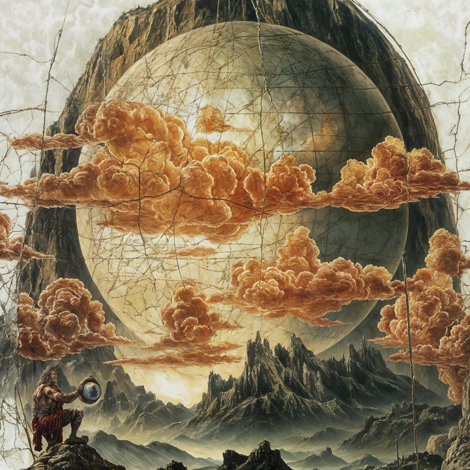 Luis Royo-Inspired Atlas Kneels on Cliff, Globe in Hand