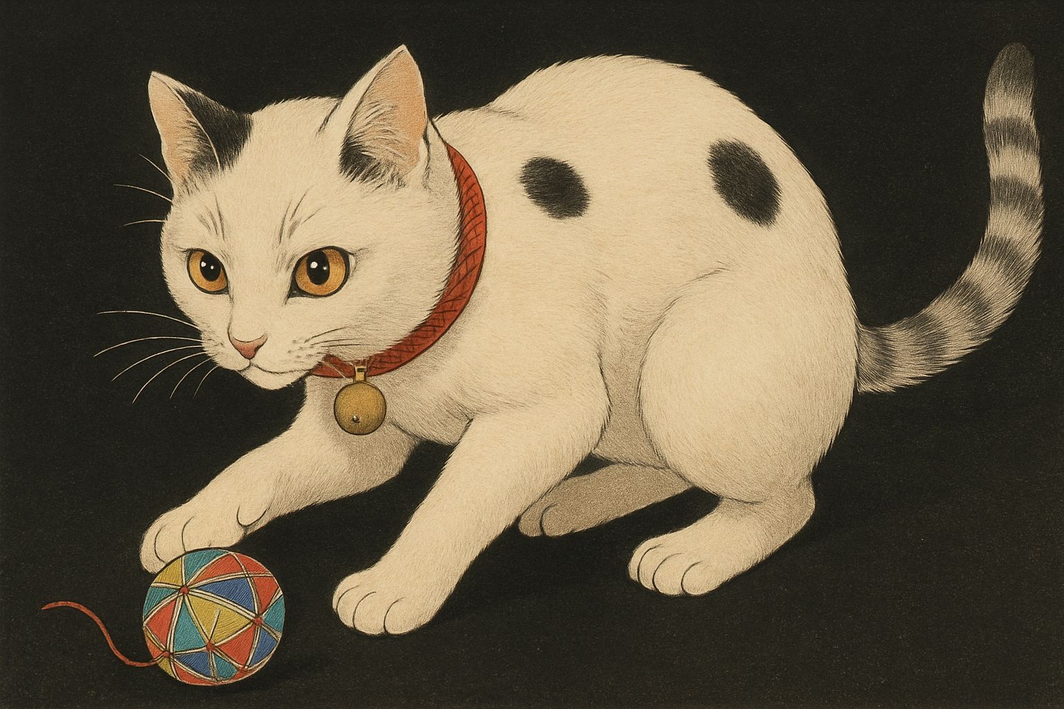 Japanese Woodblock Print of Cat Chasing Temari Ball