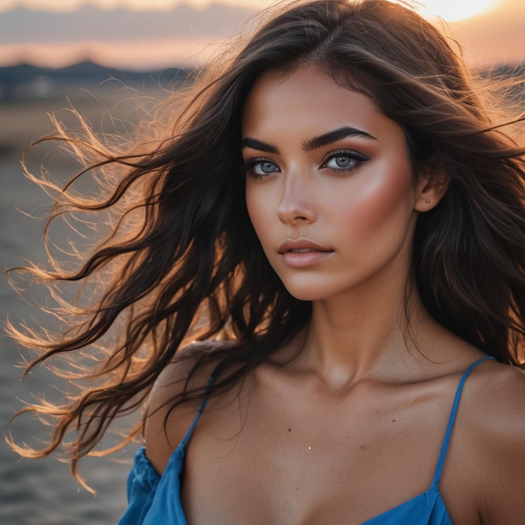 Sensual Bronzed Brunette at Sunset, Blue Eyes
