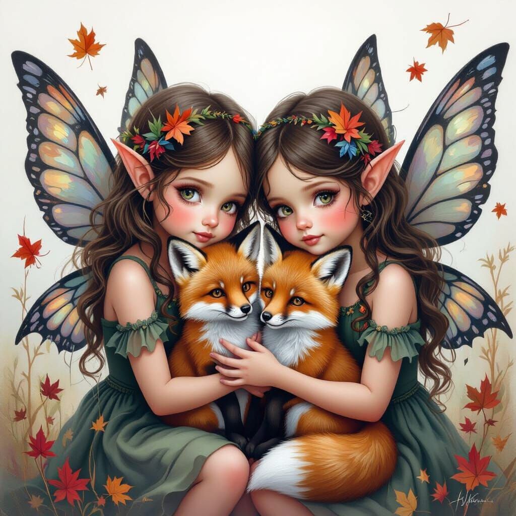 Dark Fairy Twins Holding Baby Foxes in Autumn Setting