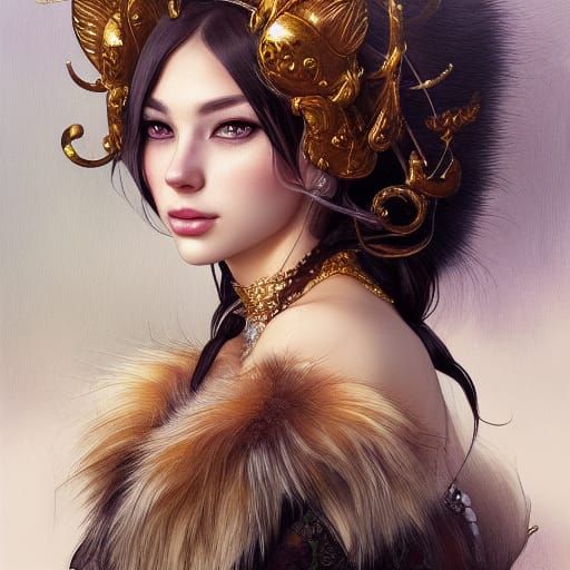 Cat Princess Portrait with Fish Crown, Detailed Art