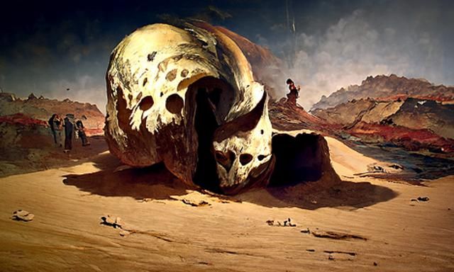 Ominous Desert Skull Worshipped by Hooded Figures