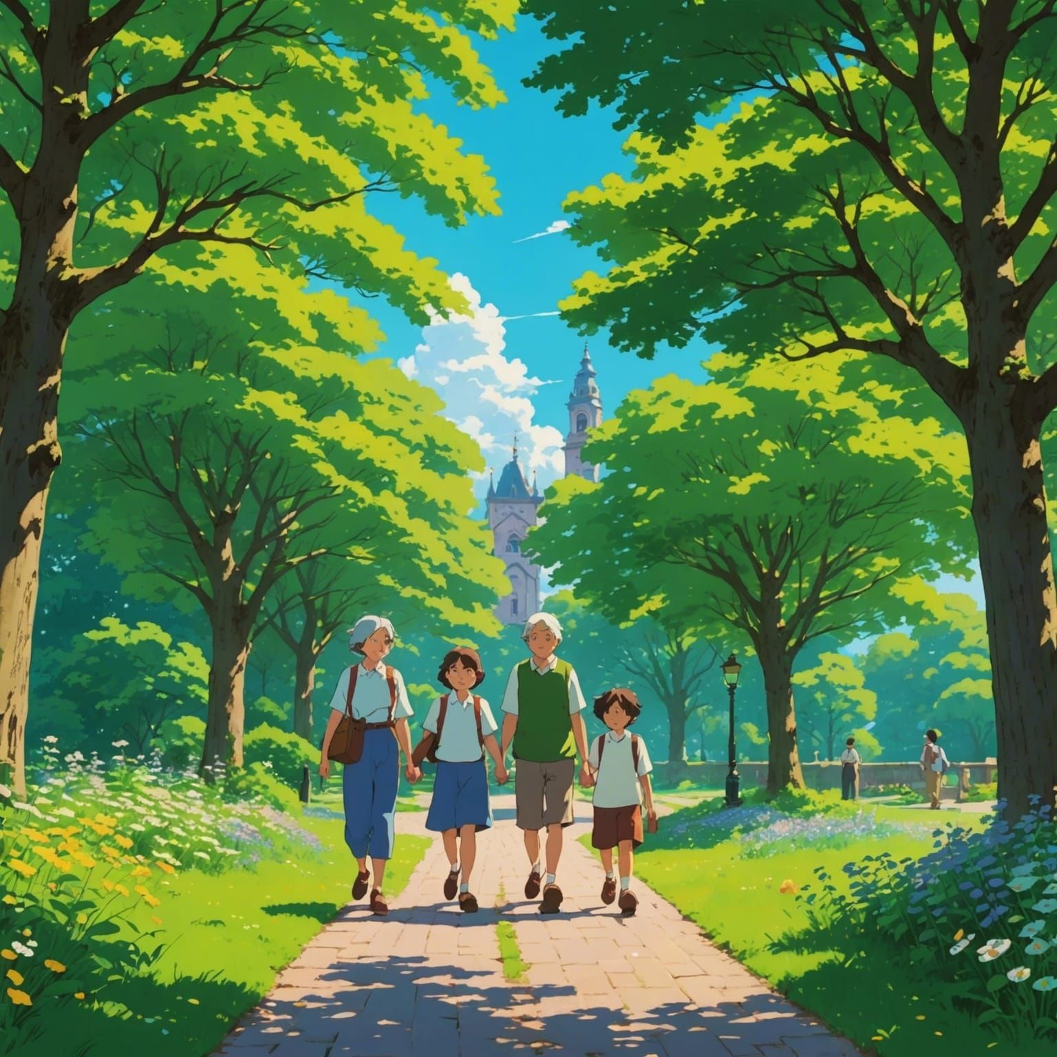 Grandmother and Grandchildren in Ghibli Style Park