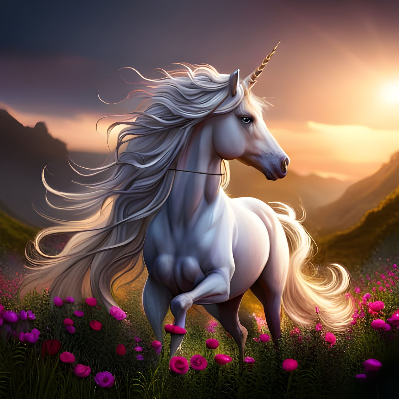 Majestic Unicorn at Sunset, Detailed Matte Painting