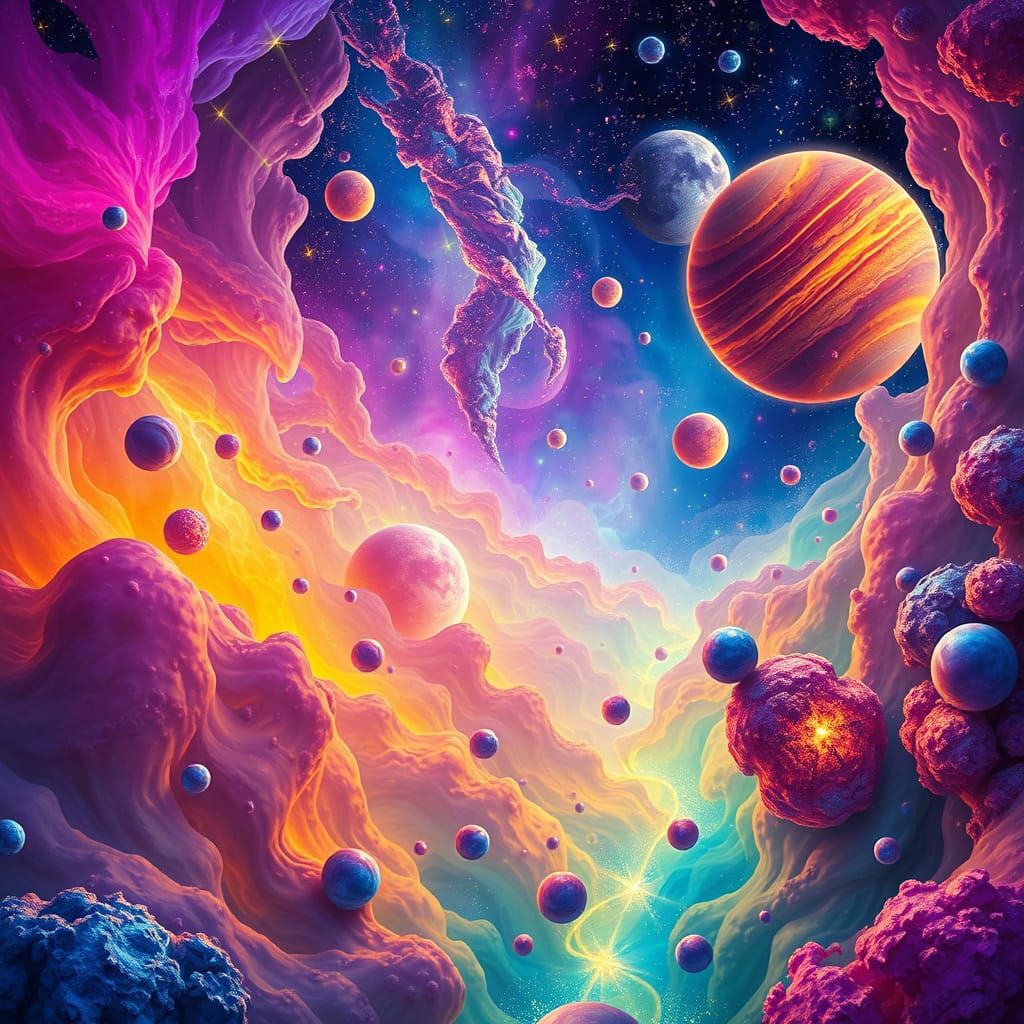 Surreal Cosmic Dreamscape in Vibrant, Iridescent Hues