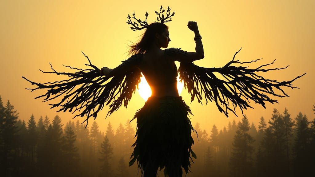 Ethereal Tree Woman Soars Through a Golden Forest