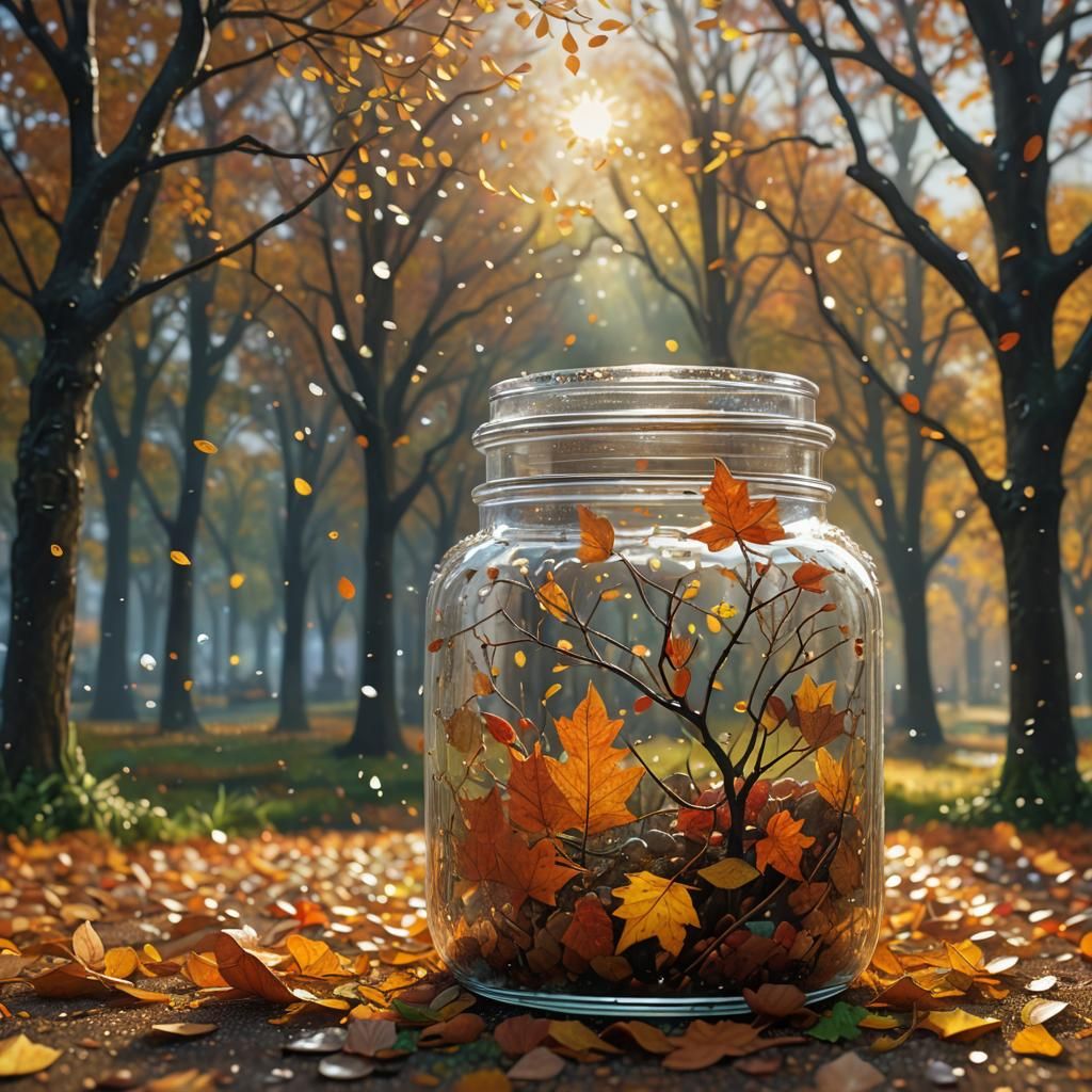Autumn Landscape in Glass Jar: Pointillism Style