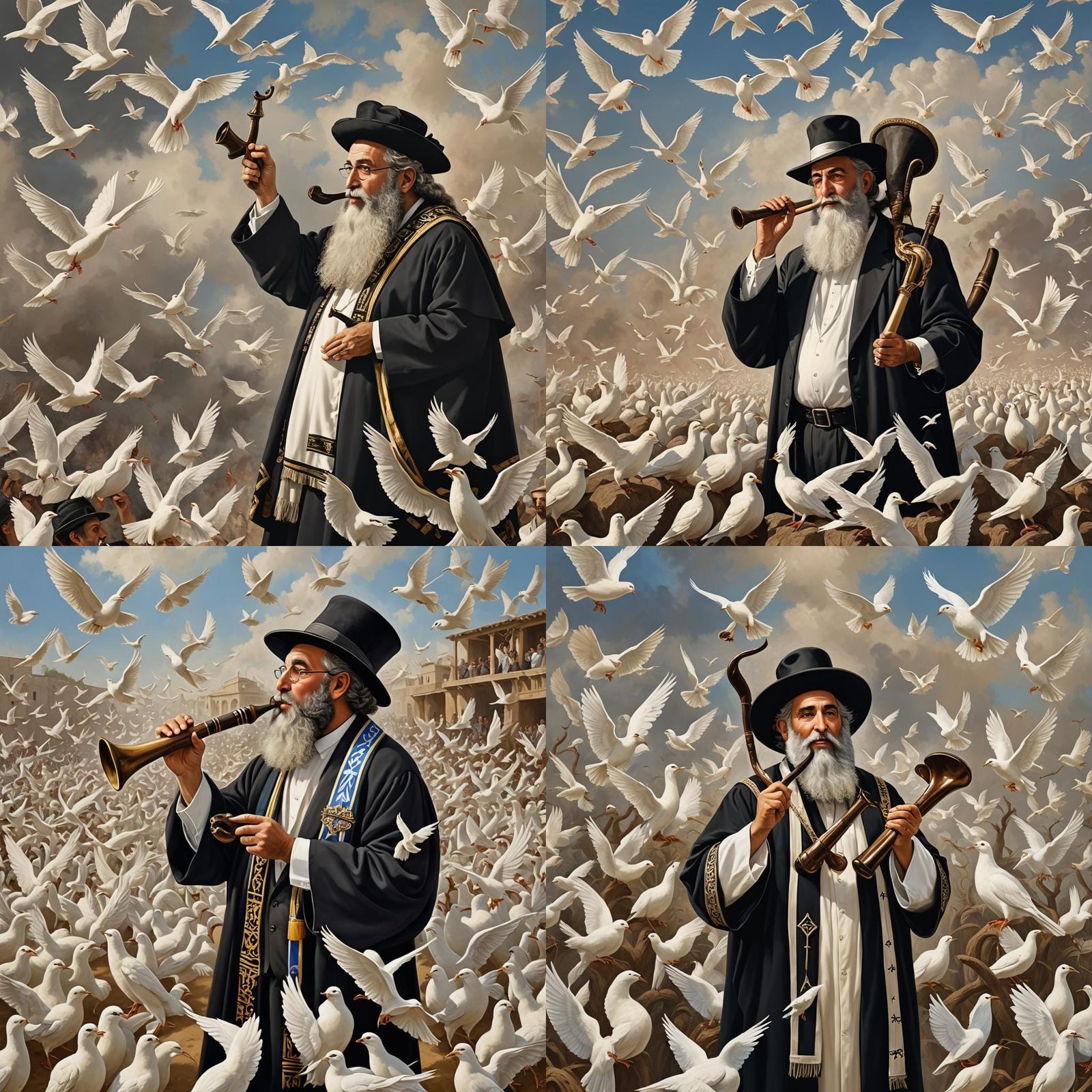Rabbi Blowing Shofar with Doves and Child
