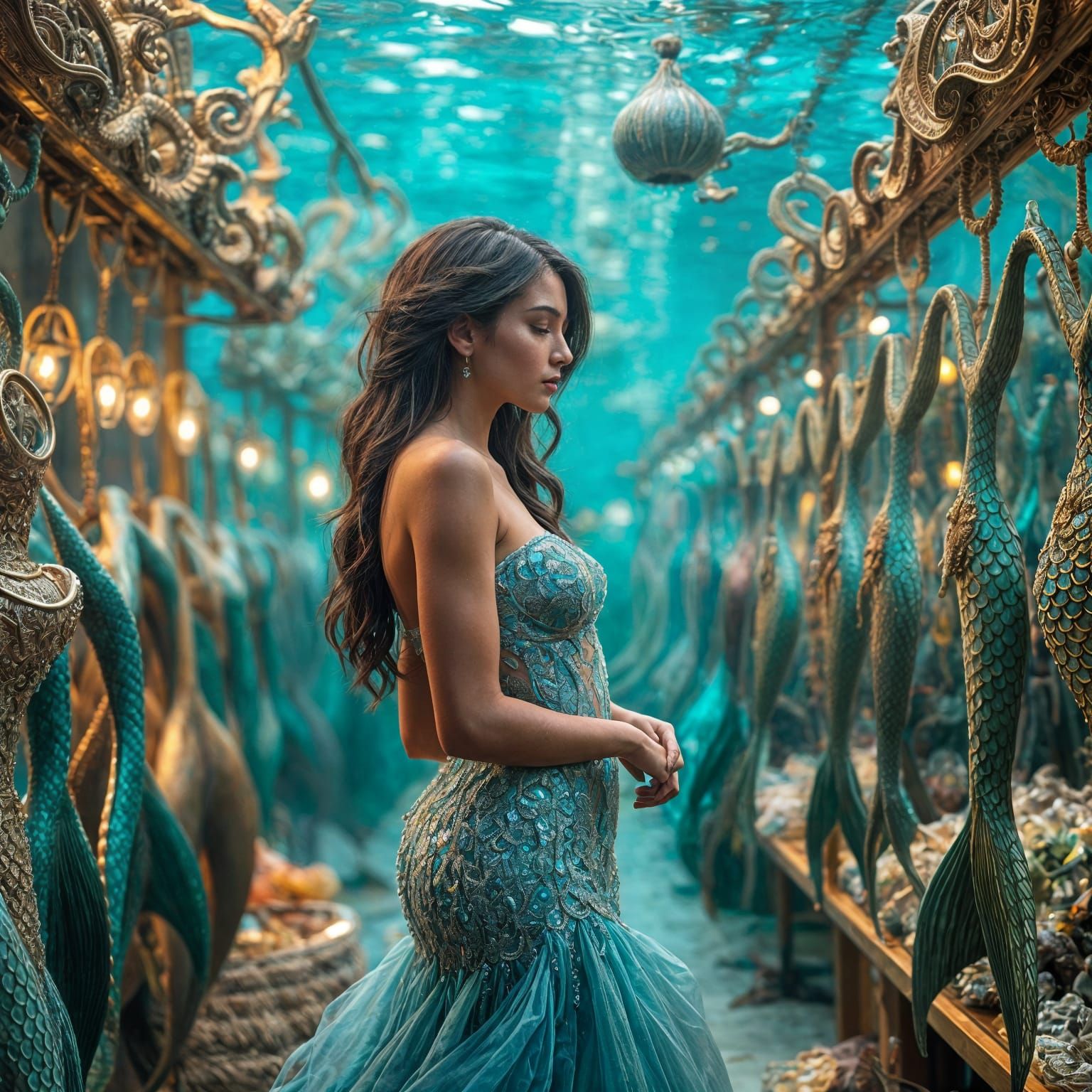 Hyperrealistic Mermaid Shopping in a Vibrant Underwater Mark...
