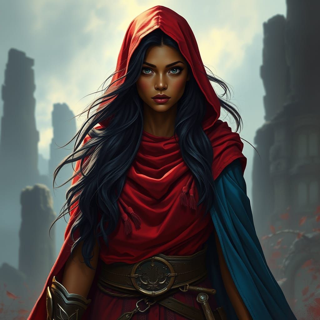 Warrior Woman in Red and Blue Epic Fantasy Concept Art
