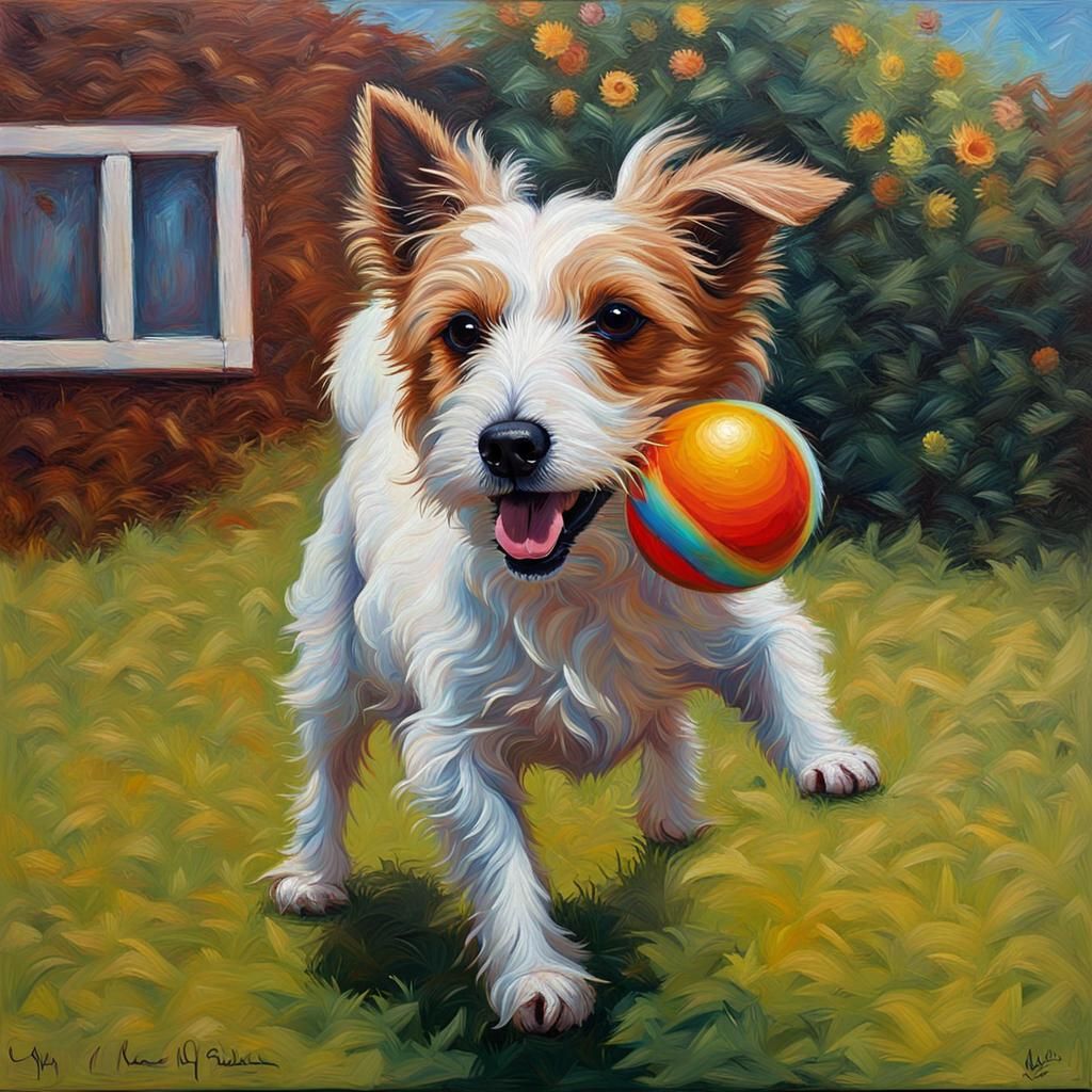 Jack Russell Dog Playing Ball: Expressionist Oil Painting
