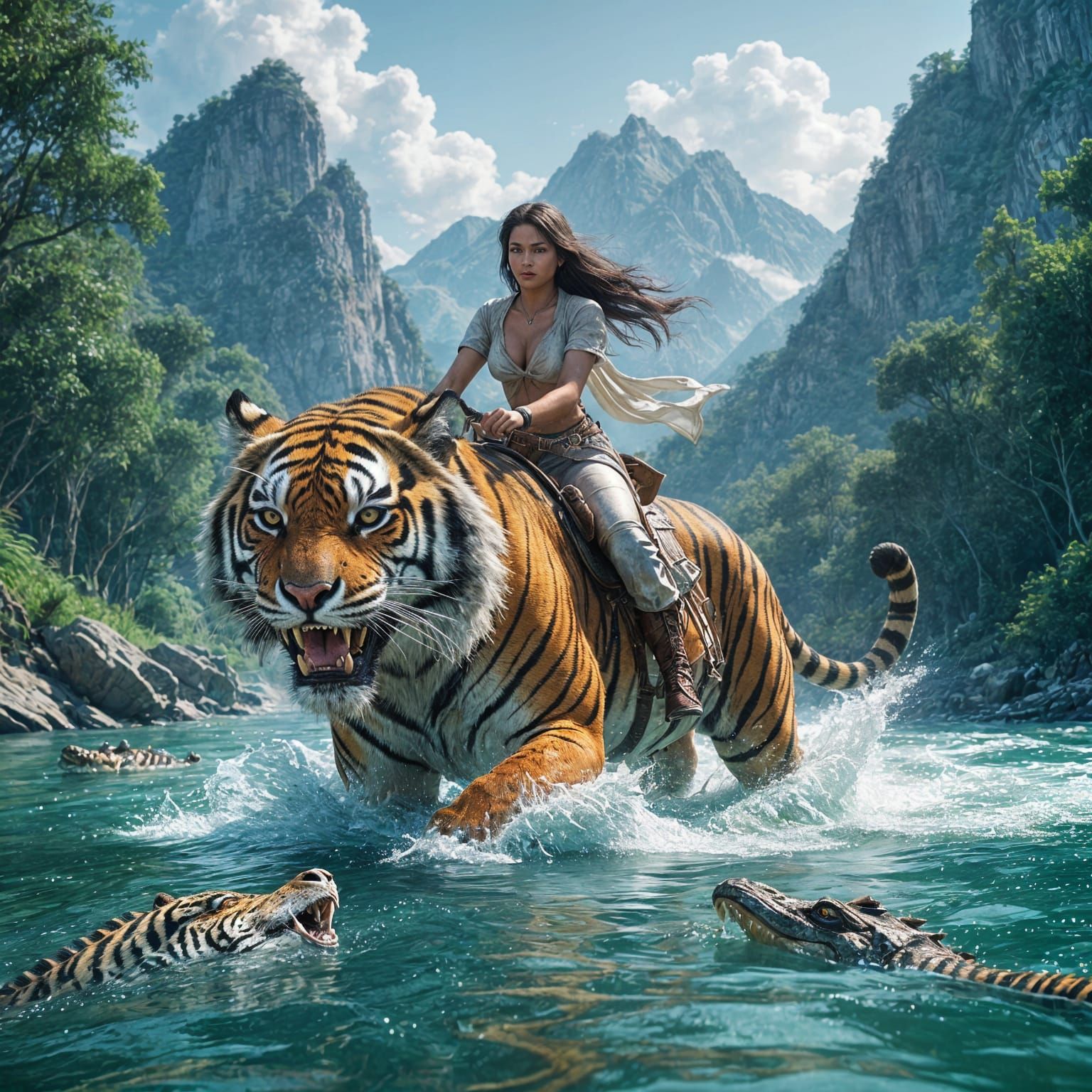 Girl Rides Tiger Through Crocodile River: 3D Game Art