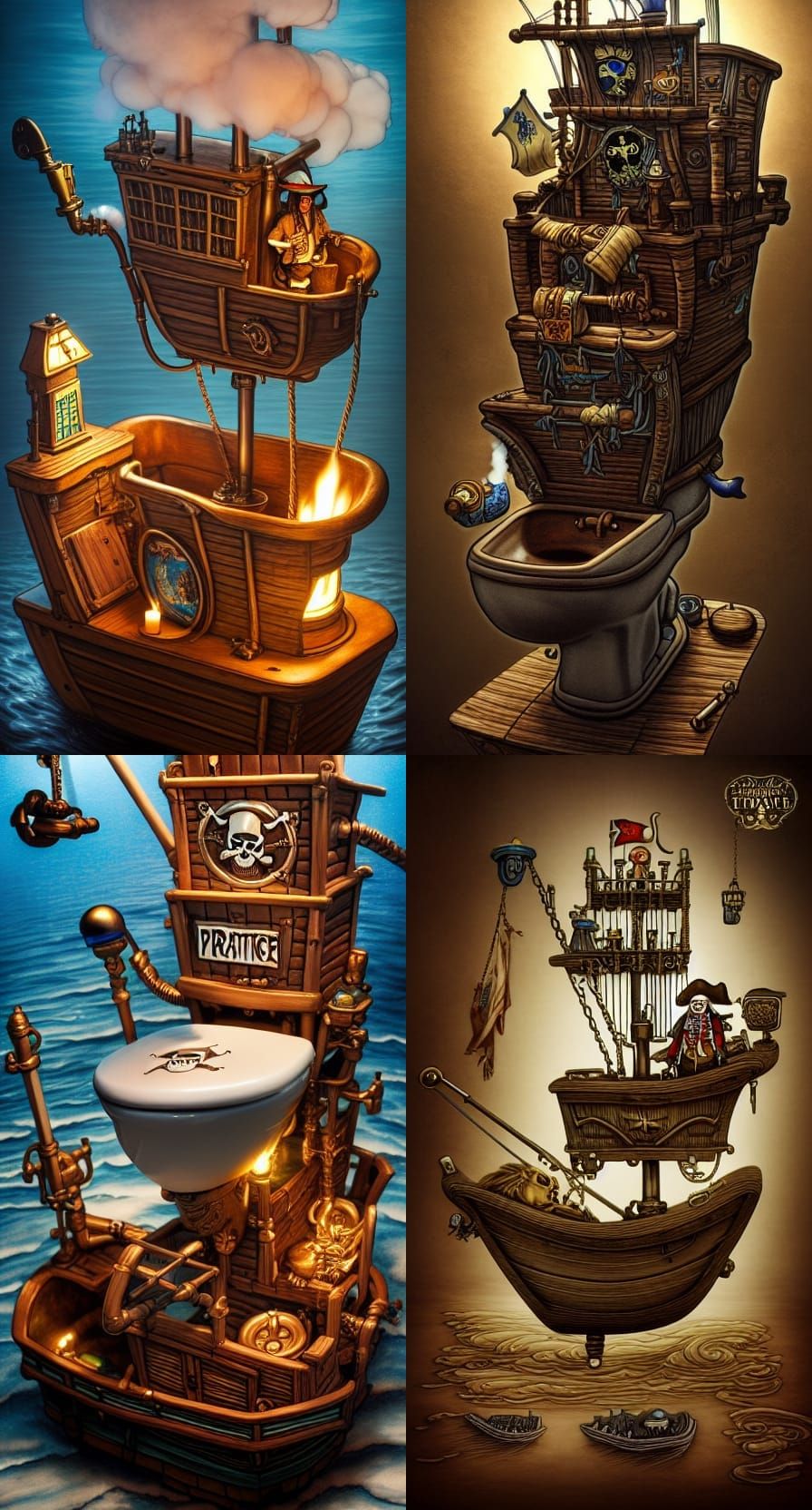Steampunk Pirate Ship Sailing in Porcelain Toilet
