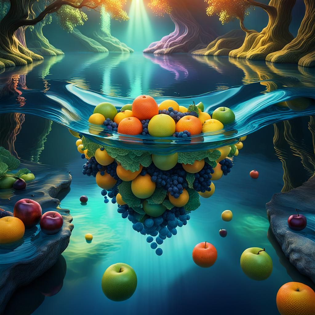 Enchanted River with Floating Water Fruits