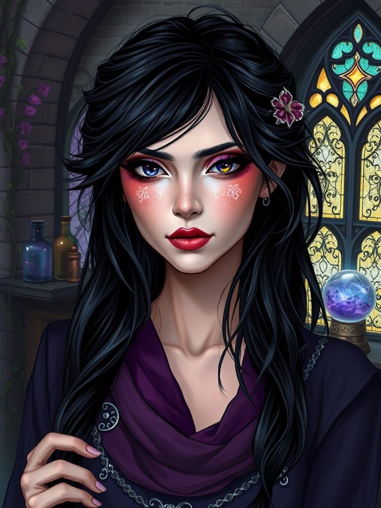 Ethereal Beauty with Violet Eyes in Obsidian Study