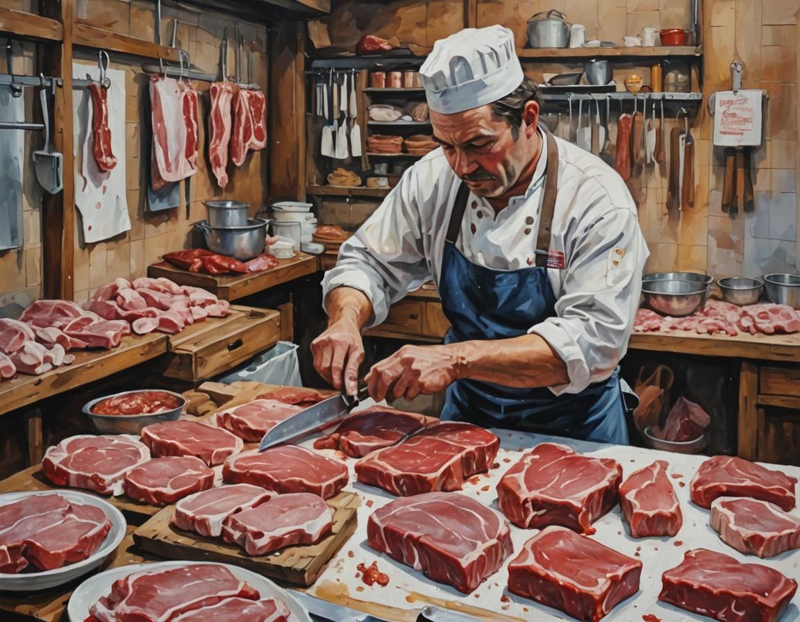 Butcher Cutting Meat: Impressionist Gouache Impasto
