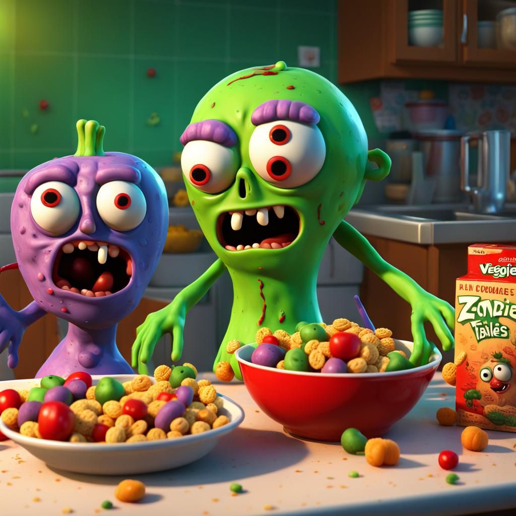 Zombie Veggies Attack Cereal Box in Pixar Style
