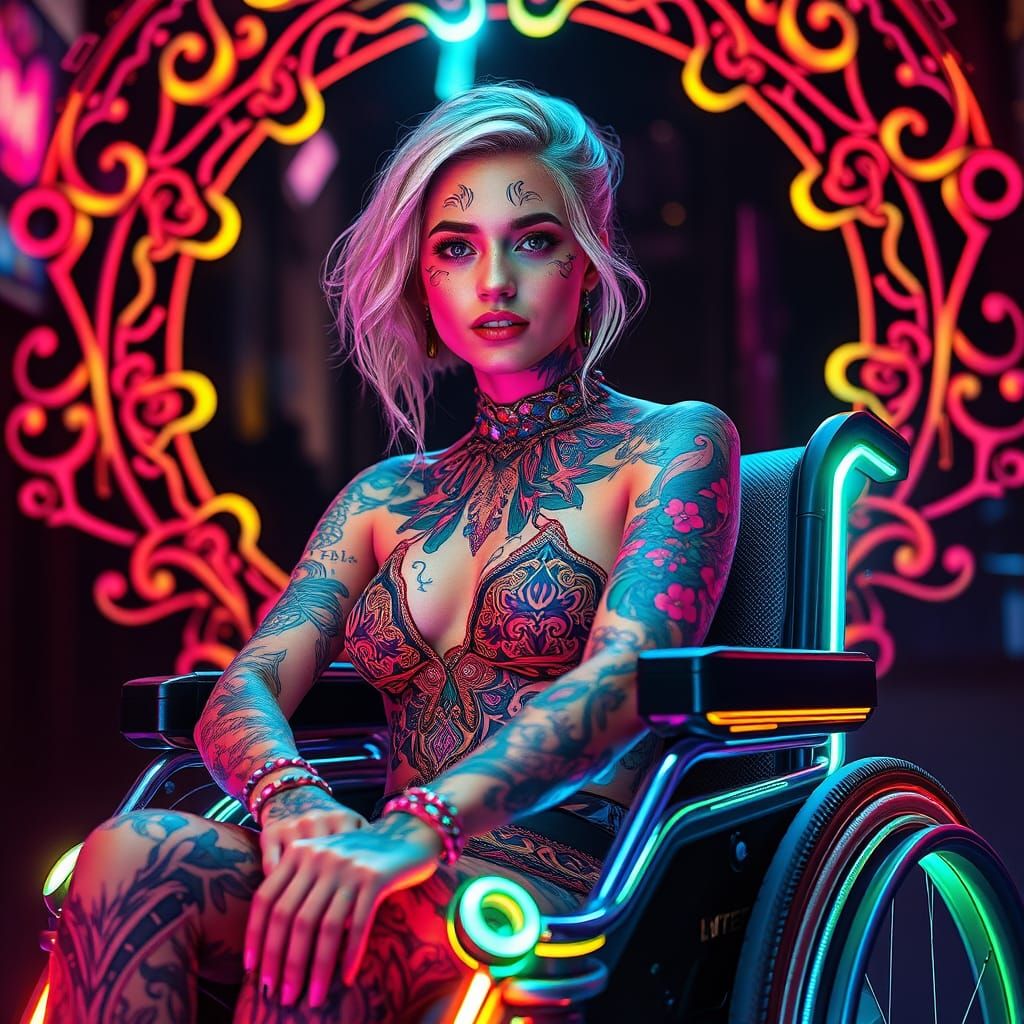 Confident Young Woman in Glowing Electric Wheelchair with In...