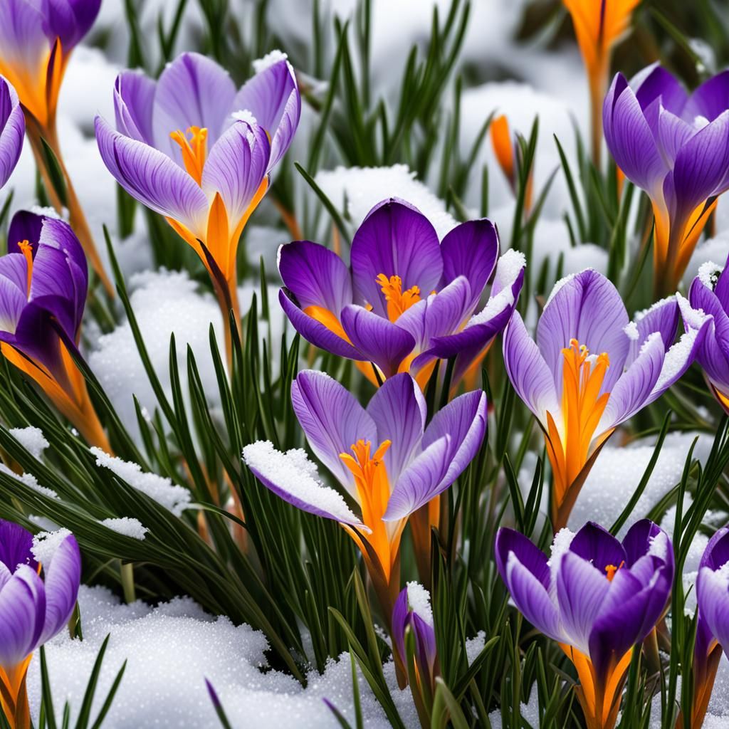 Hyperrealistic Crocus Flowers Emerging Through Snow