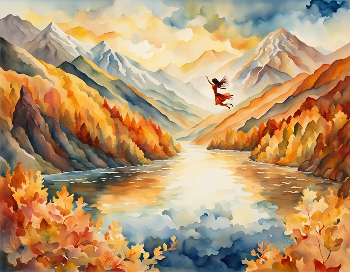 Winged Girl Diving Through Autumn Sky: Watercolor Art