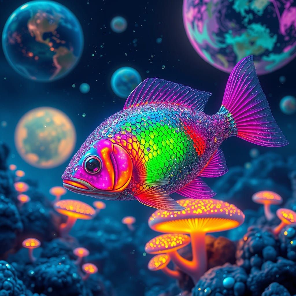 Glowing Planets Surround Vibrant Iridescent Fish in Shimmeri...