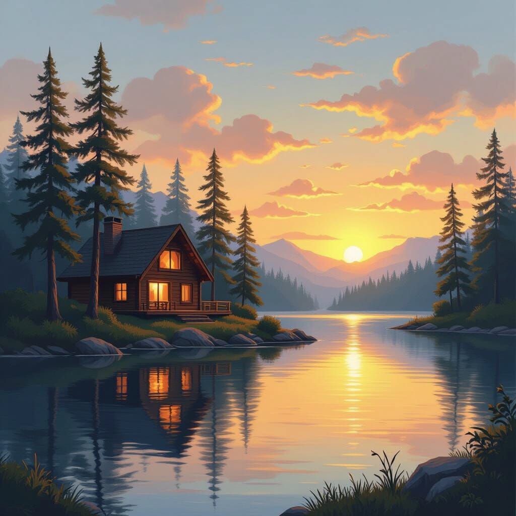 Sunset at Lake Cabin in Bob Ross Style