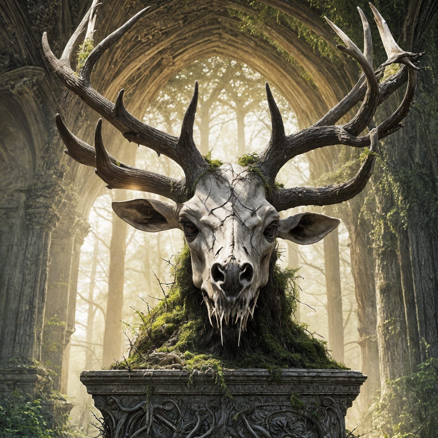 Majestic Stag Skull with Mossy Antlers in Gothic Horror
