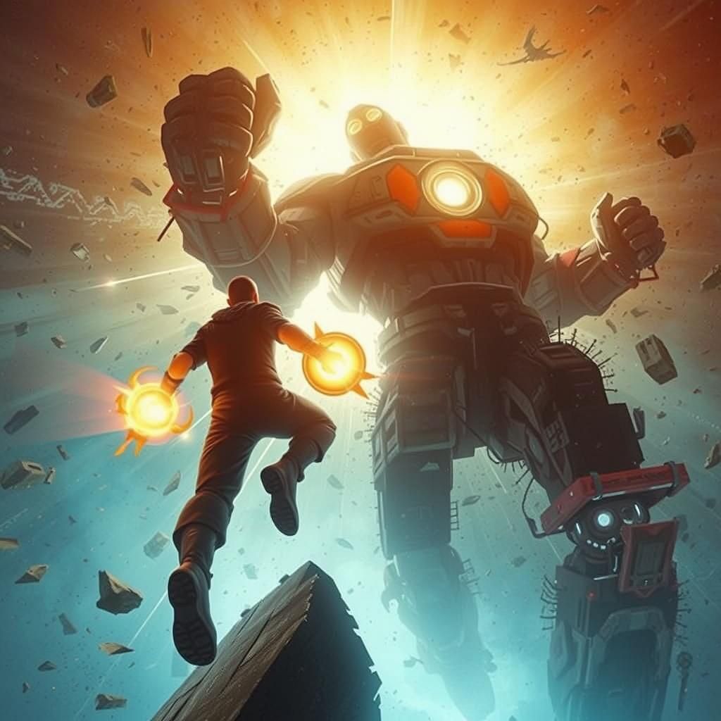 Warrior vs Robot: Sci-Fi Video Game Boss Fight