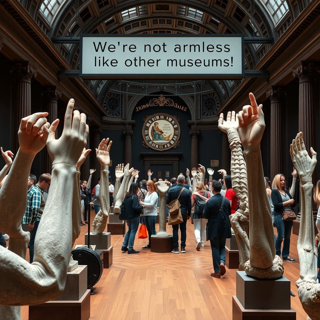 Intricately Detailed Stone Arm Exhibits in a Humorous Museum...