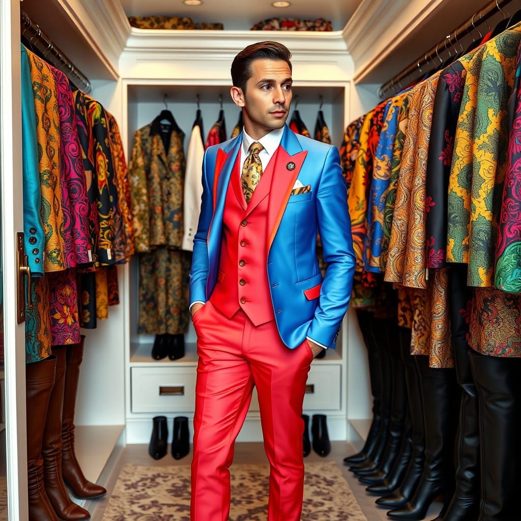 Effeminate Gentleman Admires Vibrant Skirt Suits in Closet