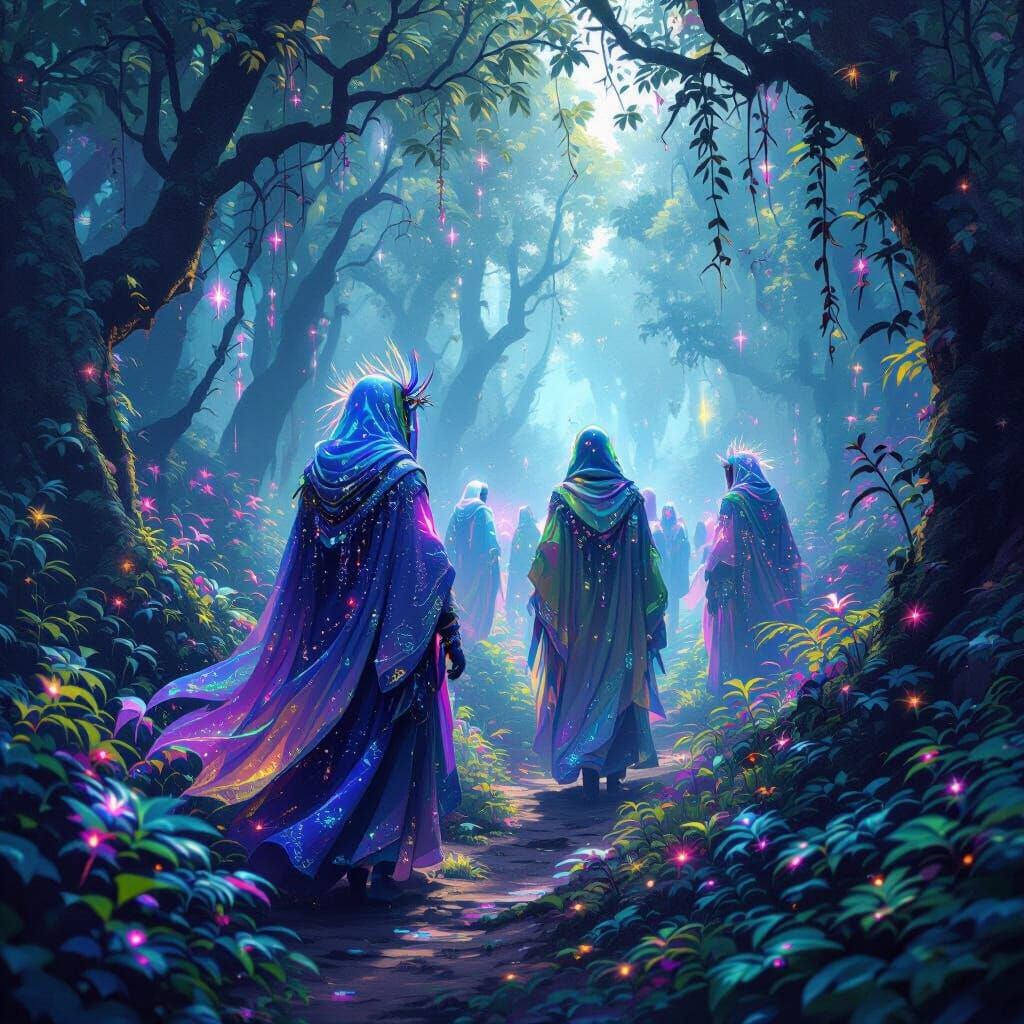 Mystical Creatures Shimmering in Forest with Ethereal Glow