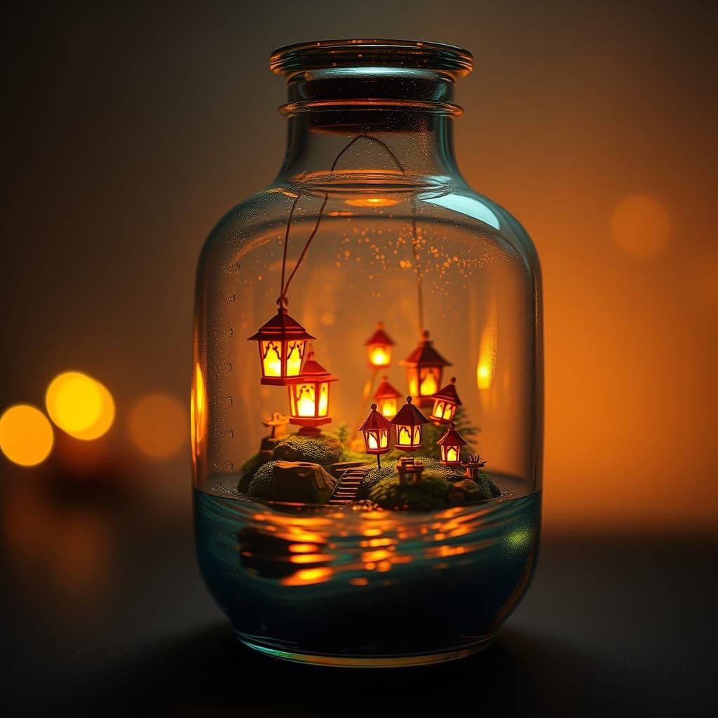 Miniature World Inside a Bottle: Oil Painting