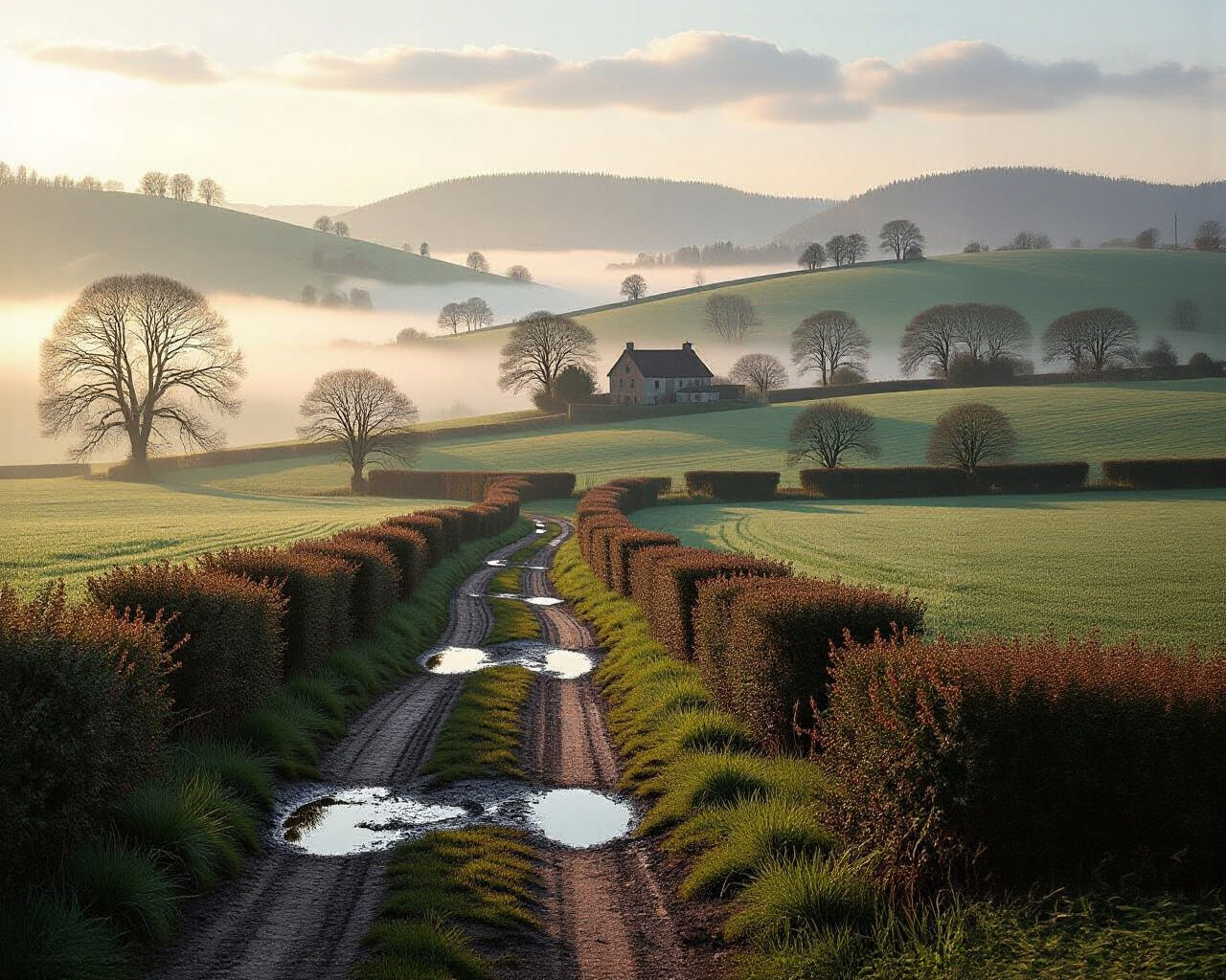 Misty Hills: Winding Path Through Farmland in Cinematic Real...