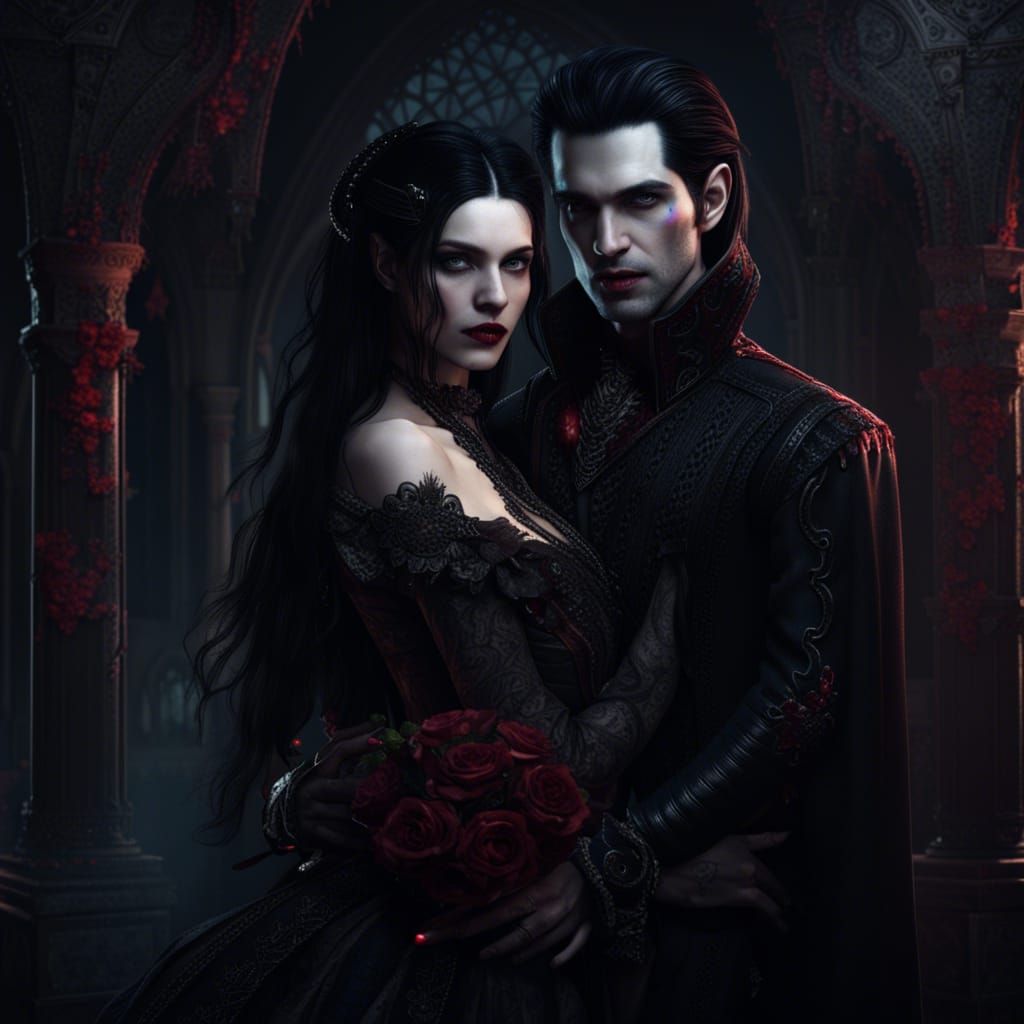 Gothic Vampire Couple in Love: Detailed Matte Painting