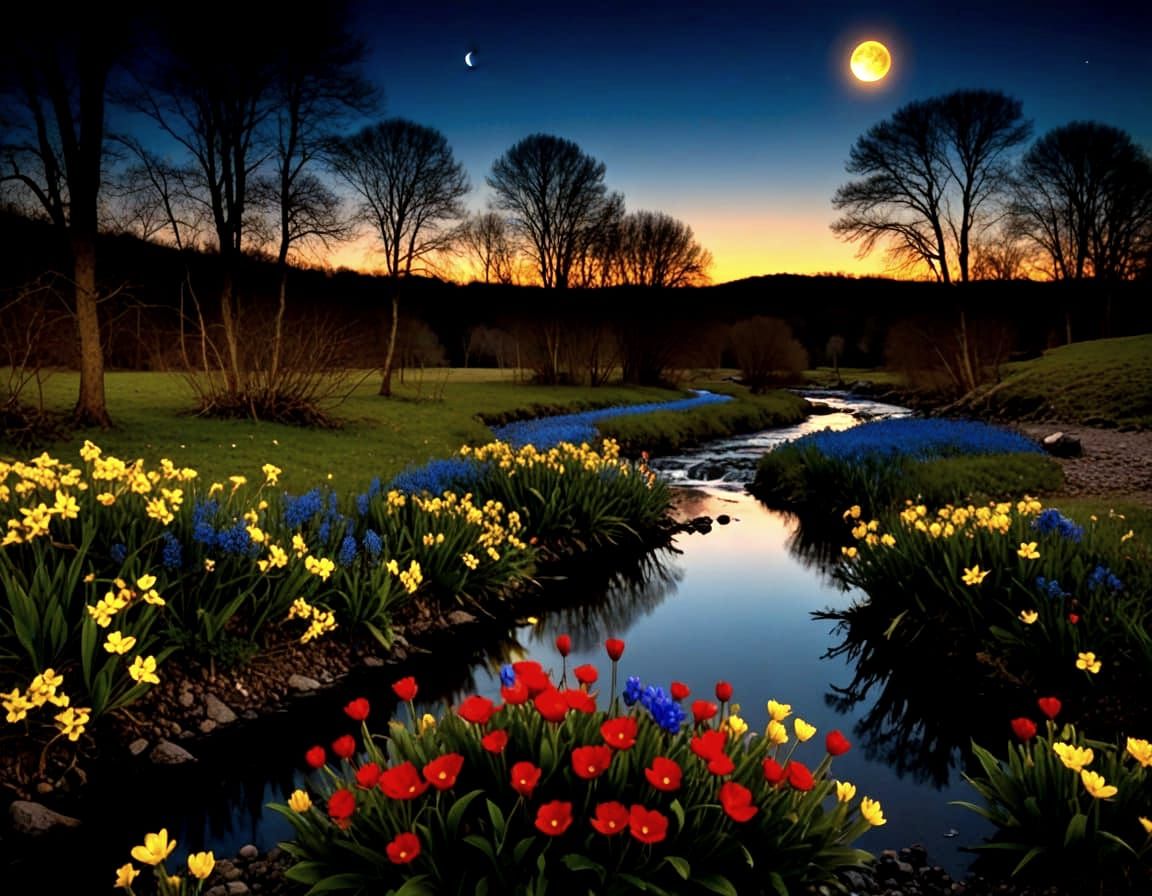 Red gold blue spring flowers on the banks of the stream