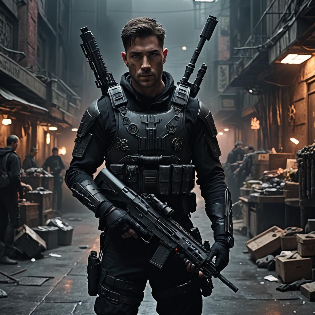 Grim Agent in Dystopian Market: Dark Fantasy Film Still