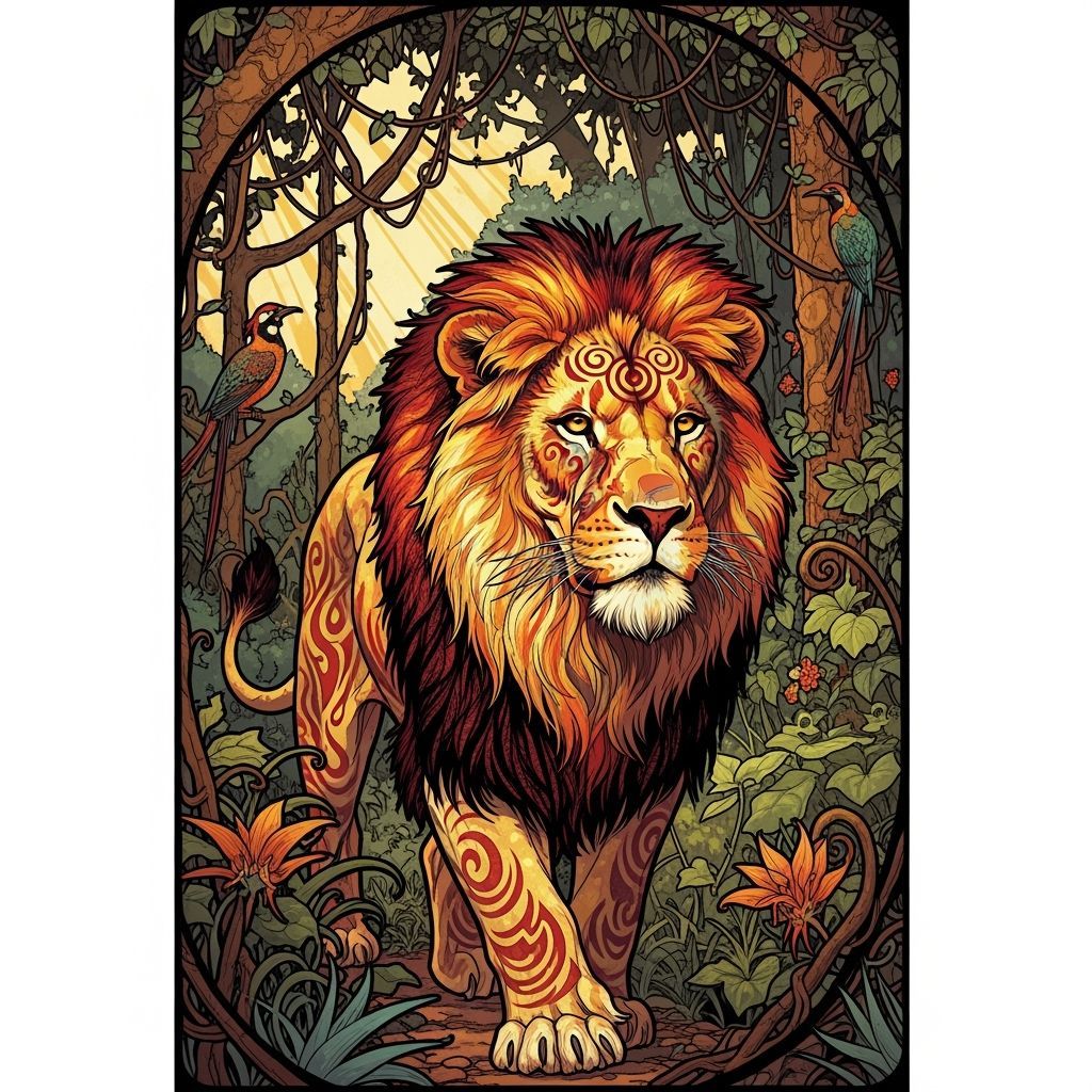 Lion with Tribal Markings in Art Nouveau Jungle