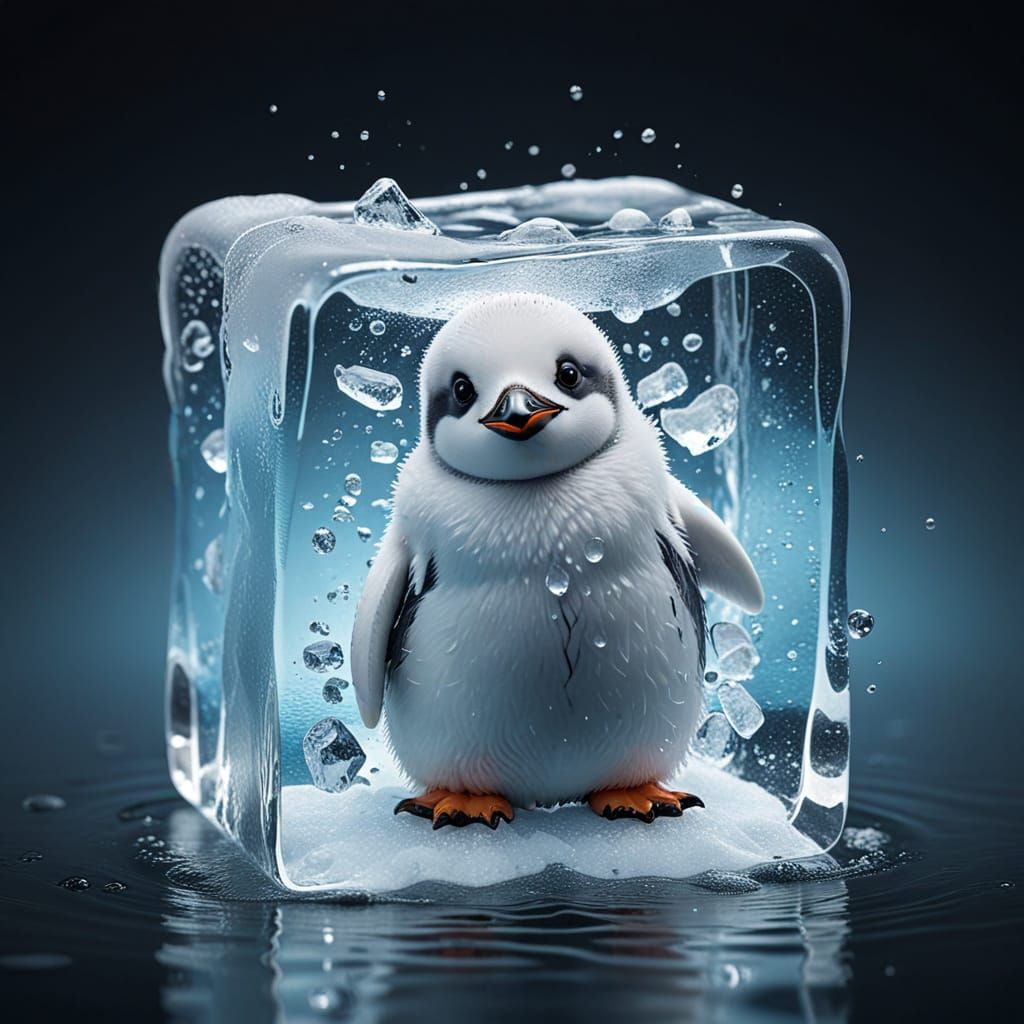 Penguin Emerging from Melting Ice Cube in a Realistic Photo