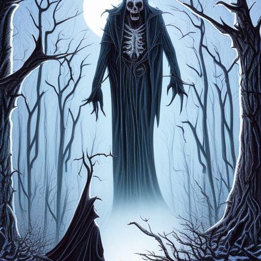 Gothic Horror Figure in Snowy Forest