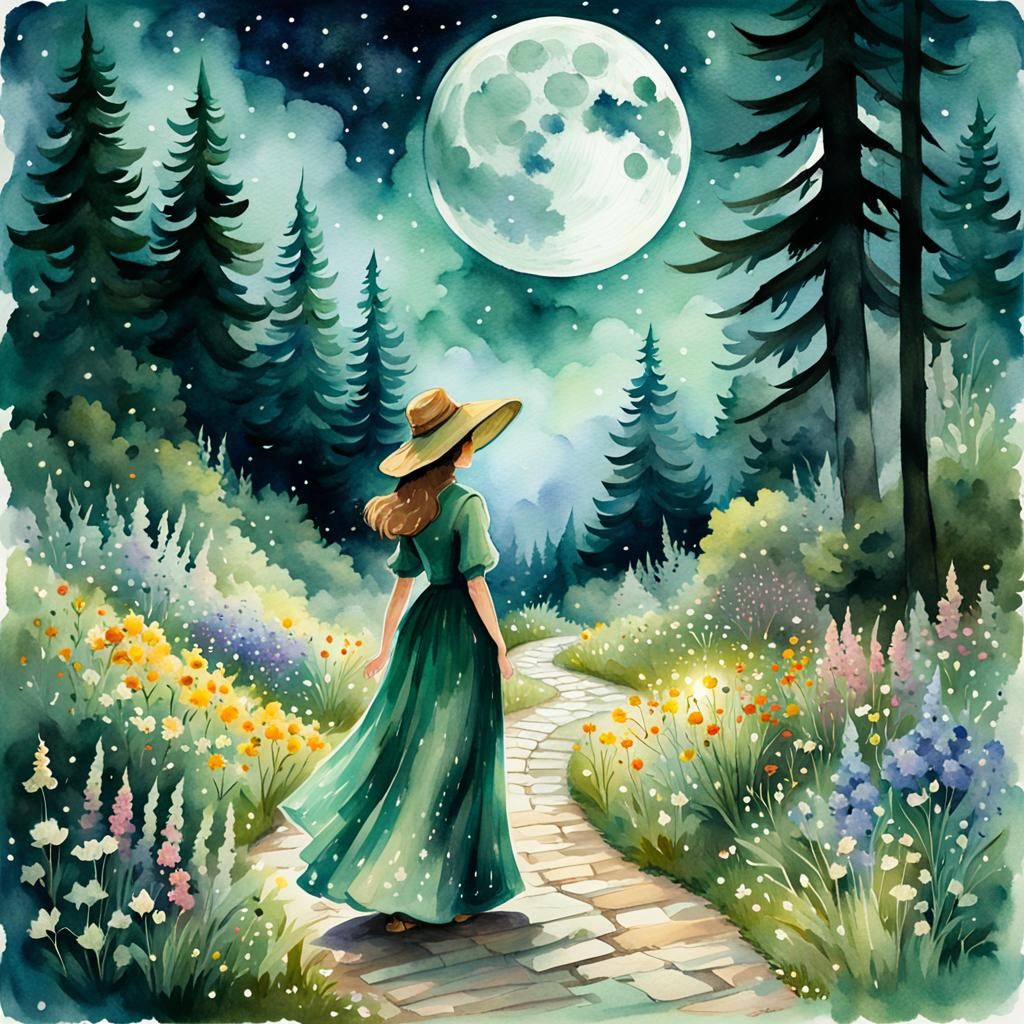 Ethereal Moonlit Forest in Watercolor-Inspired Style