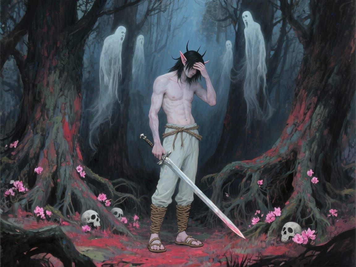 Dreamlike Dark Forest Scene With Melancholy Figure