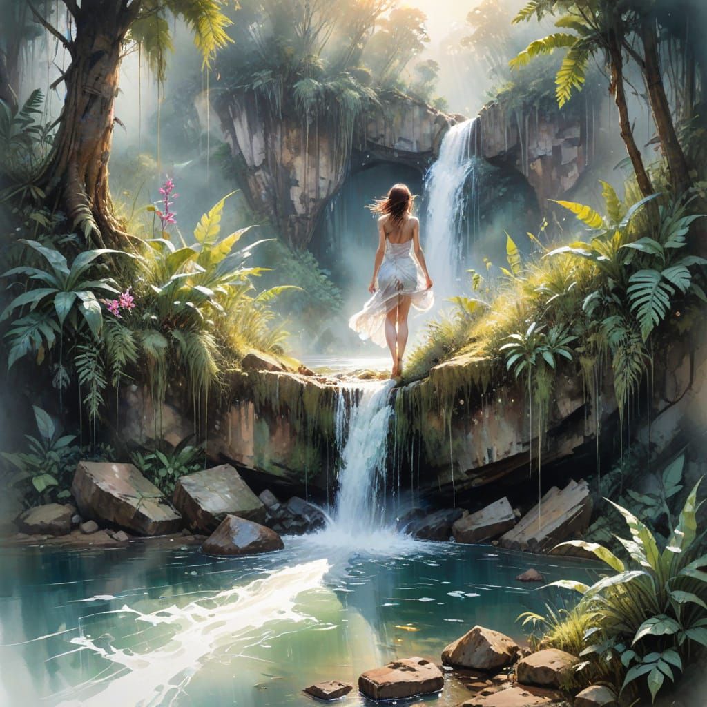 Breathtaking Cambodian Waterfall in Highlands at Sunrise