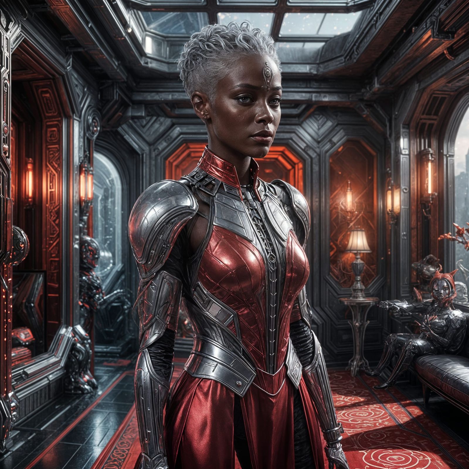 Beautiful Alien Woman in Crimson Gown: Fantasy Art