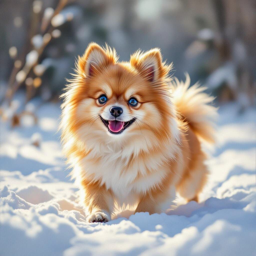 Pomeranian Dog Joyfully Playing in Snowy Landscape Painting