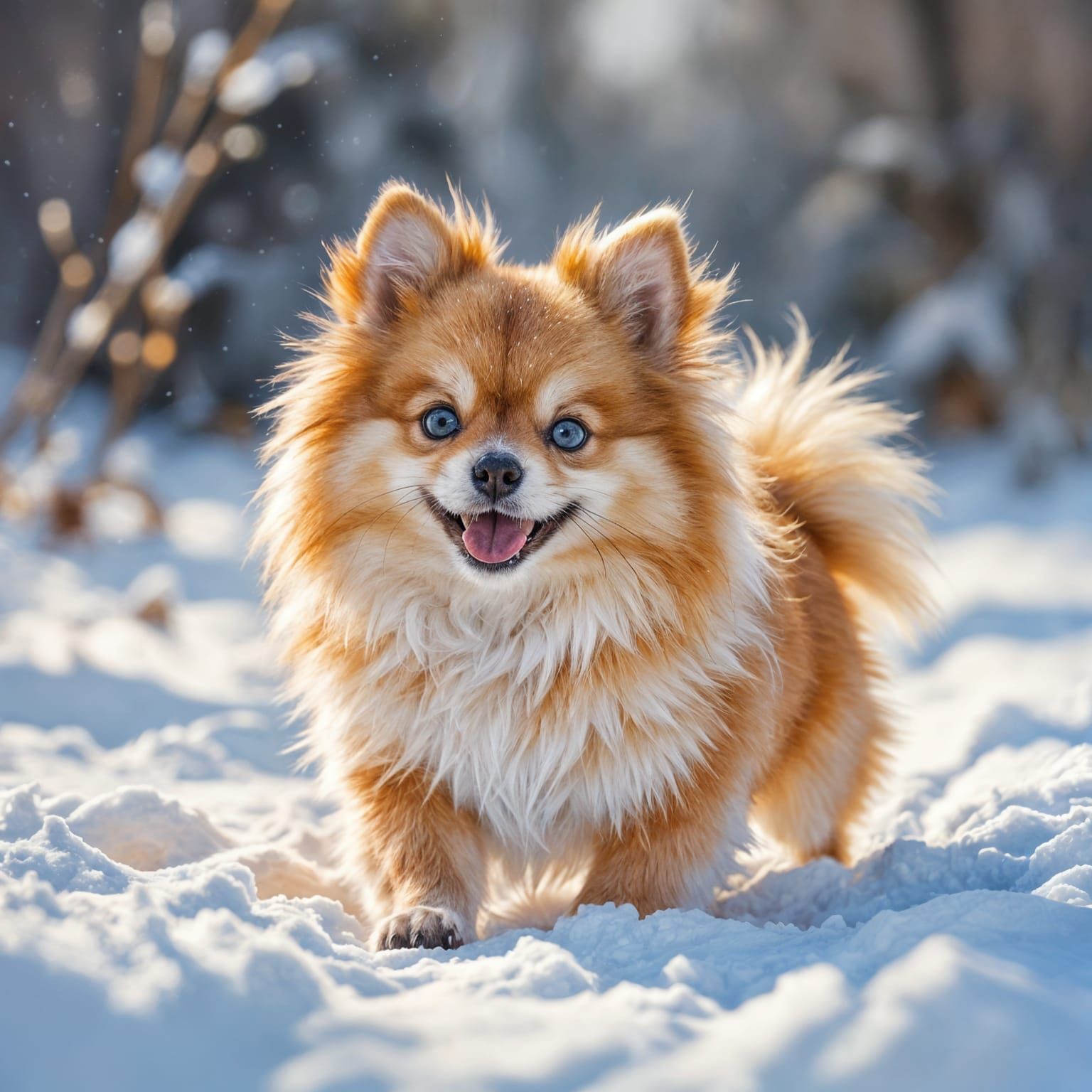 Pomeranian Dog Joyfully Playing in Snowy Landscape Painting