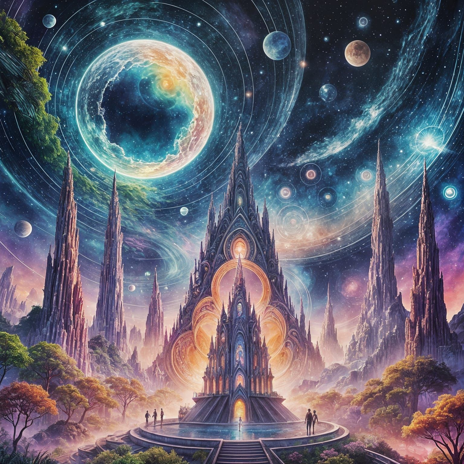 Ethereal Beings Gather in a Crystal Temple on a Vibrant Astr...