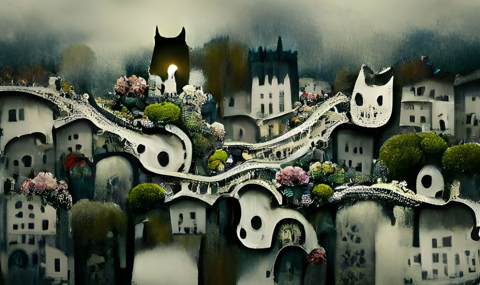 Gothic Mountain Town with Winding Road at Twilight