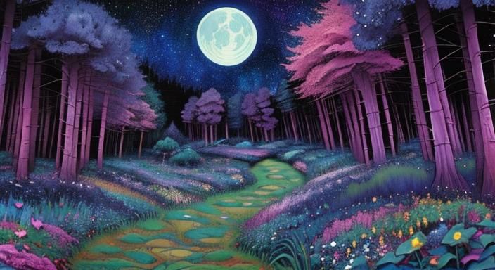 Fantasy Forest Landscape with Swirling Clouds